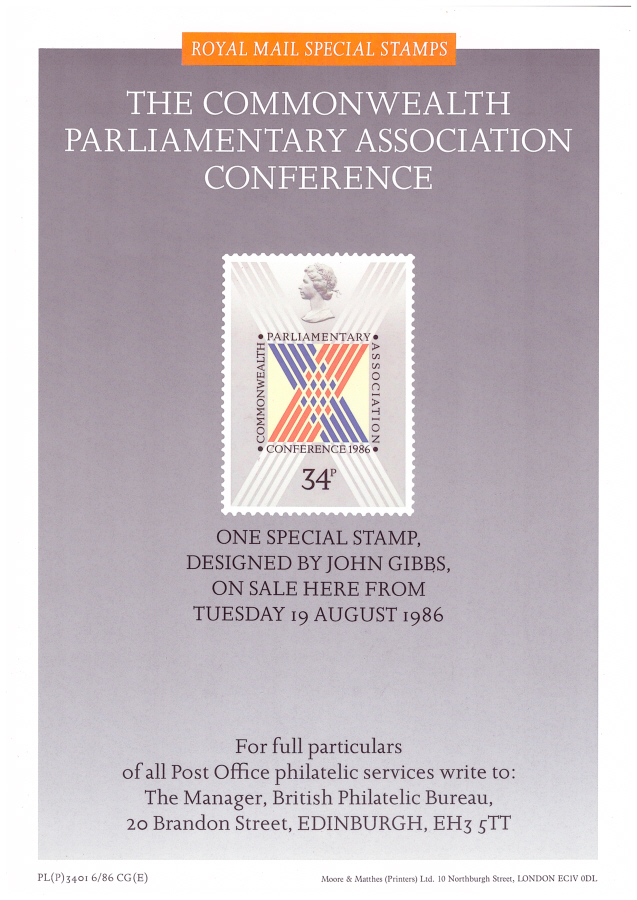 (image for) 1986 Commonwealth Conference Post Office A4 poster. PL(P)3401 6/86 CG(E). - Click Image to Close